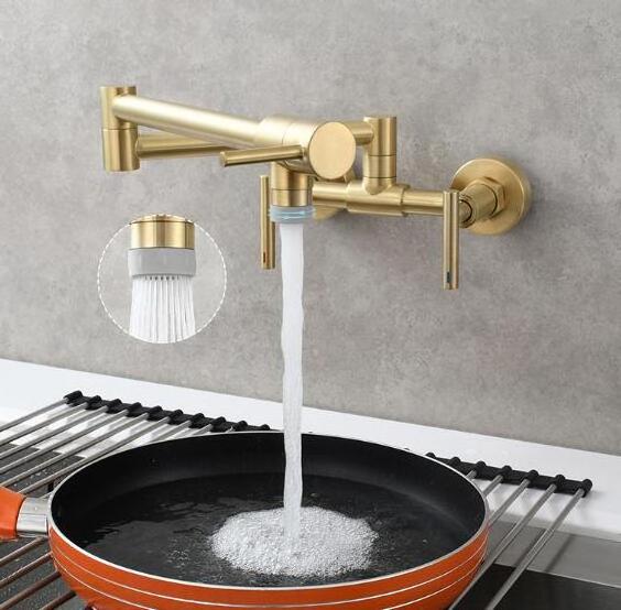 Brushed Gold Two Holes Brass Hot and Cold  Pot Filler Folding Stretchable Double Joint Swing Arm Wall Mount Kitchen Faucet