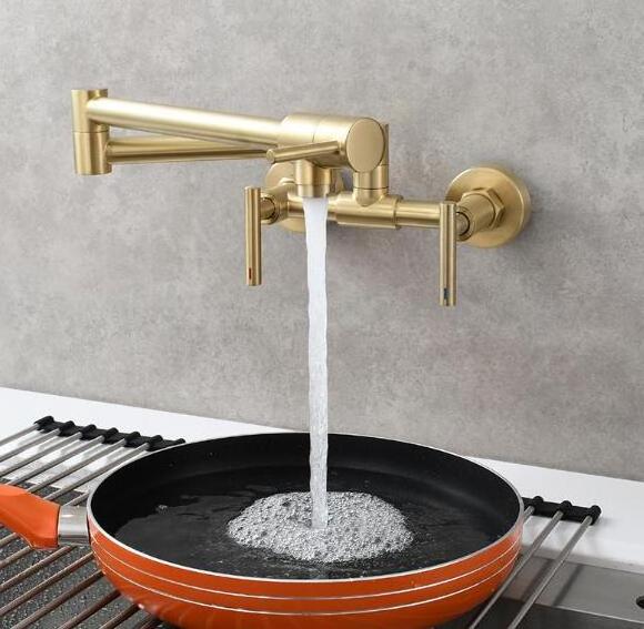 Brushed Gold Two Holes Brass Hot and Cold  Pot Filler Folding Stretchable Double Joint Swing Arm Wall Mount Kitchen Faucet