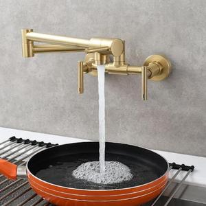 Brushed Gold Two Holes Brass Hot and Cold  Pot Filler Folding Stretchable Double Joint Swing Arm Wall Mount Kitchen Faucet