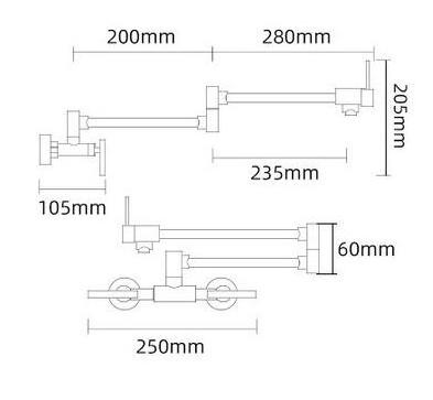 Brushed Gold Two Holes Brass Hot and Cold  Pot Filler Folding Stretchable Double Joint Swing Arm Wall Mount Kitchen Faucet