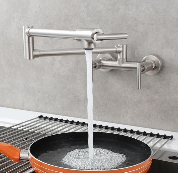 Wall Mount Two Handle Nickle Brush Hot Cold Brass Pot Filler Faucet Folding Stretchable Kitchen Restaurant Sink Faucet