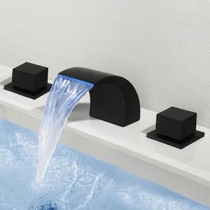 Luxury Two Handles Three Holes Matt Black Bathroom Design Deck Mounted Waterfall Faucet LED Bathroom Sink Faucet