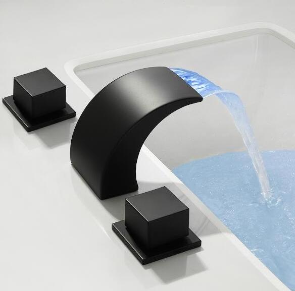 Luxury Two Handles Three Holes Matt Black Bathroom Design Deck Mounted Waterfall Faucet LED Bathroom Sink Faucet