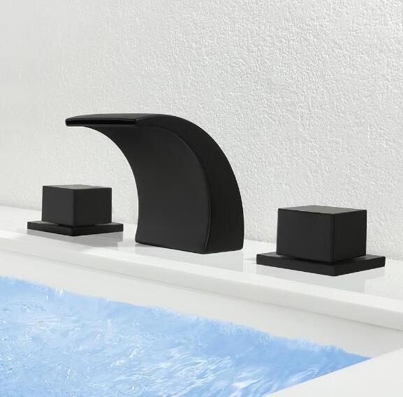 Luxury Two Handles Three Holes Matt Black Bathroom Design Deck Mounted Waterfall Faucet LED Bathroom Sink Faucet