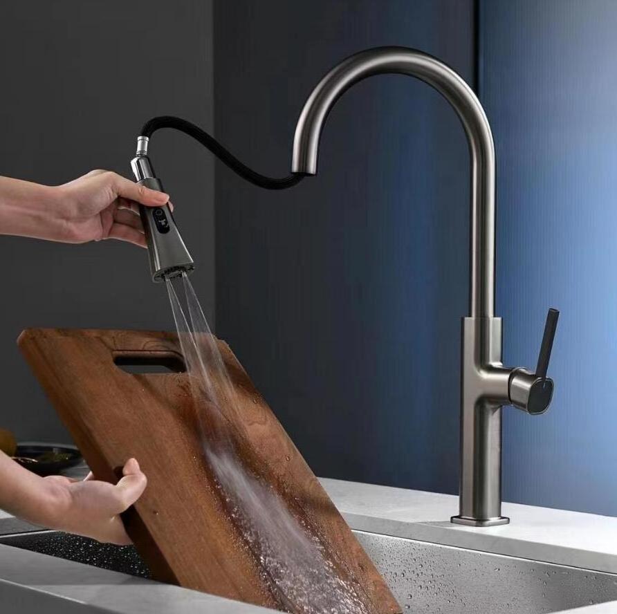 New Trend Hot and Cold Gun Gray Pull Out Down Gourmet Kitchen Sink Faucet with Sprayer Single Hole Handle Deck Mount