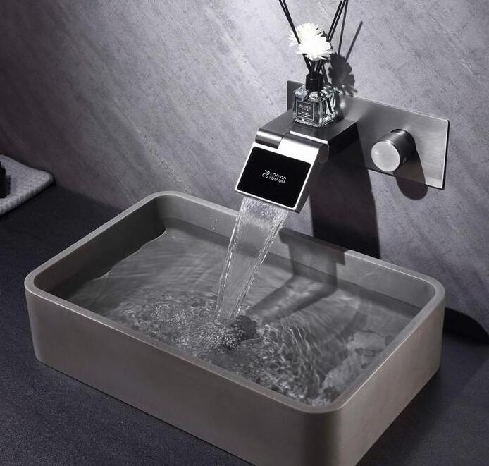 New Design Square Brass Waterfall Sensor Smart Digital Basin Mixer Faucet with Temperature Display for Bathroom