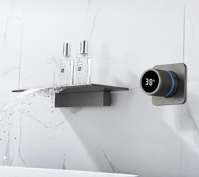 Gun Grey Black Wall Mount Concealed Bathroom Sink Faucet Waterfall Bathroom Tub Faucet with Temperature Digital Display