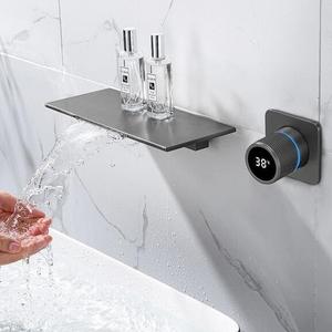 Gun Grey Black Wall Mount Concealed Bathroom Sink Faucet Waterfall Bathroom Tub Faucet with Temperature Digital Display