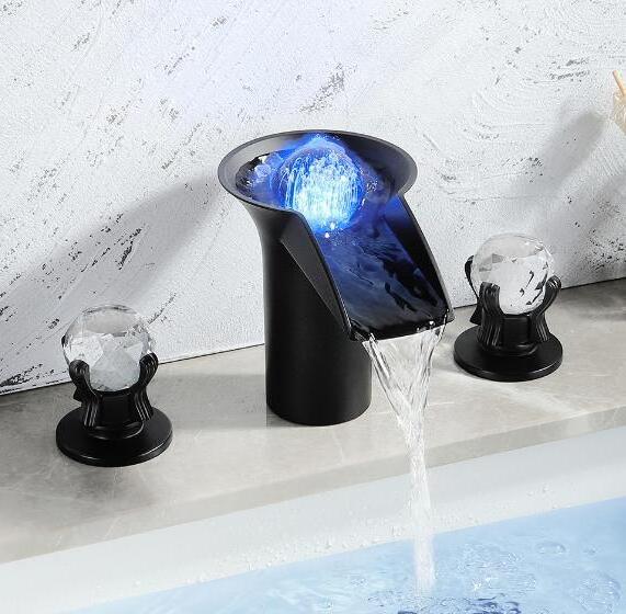 Matt Black  Bathroom Faucet Waterfall 3 Hole Deck Mount Widespread LED Vanity Sink Faucet 2 Handle with Crystal Knob