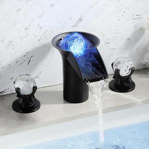 Matt Black  Bathroom Faucet Waterfall 3 Hole Deck Mount Widespread LED Vanity Sink Faucet 2 Handle with Crystal Knob