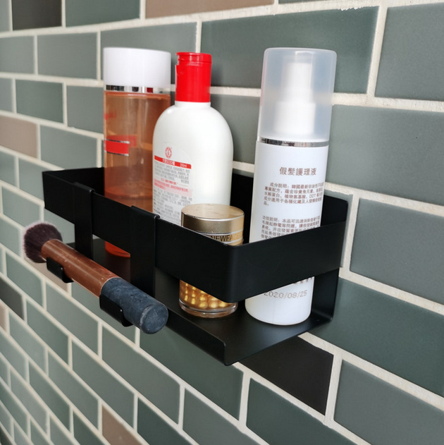 Self Adhesive Wall Mounted Black Stainless Steel Bathroom Shower Caddy Basket Shelf Rack Shampoo Holder Organizer with Hooks