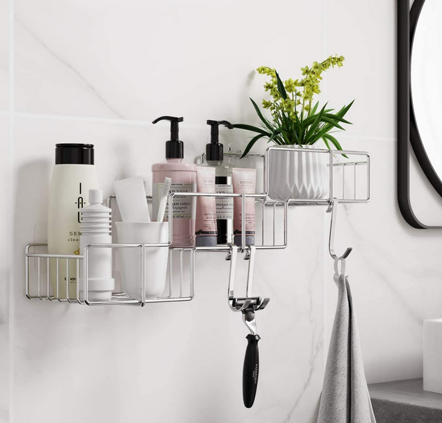 Adhesive No Drilling Wall Mounted Shower Caddy Basket Bathroom Storage Shelf Organizer with Hooks for Shampoo Conditioner