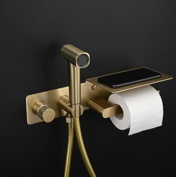 Bathroom Brushed Gold Hot and Cold Brass Self Cleaning Toilet Shattaf Bidet Spray Set Muslim Shower Handheld with Paper Holder