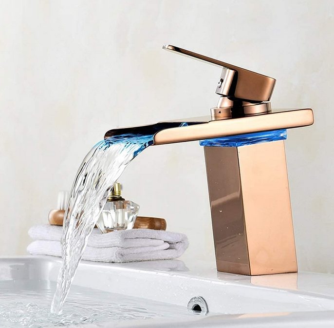 Rose Gold Waterfall Spout Single Handle Bathroom Sink Faucet Basin Mixer Tap