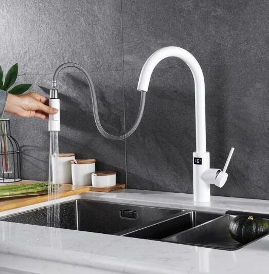 White Hot Cold Smart Digital Intelligent Temperature Display Control Touch Sink Faucet Pull Down Sprayer Kitchen Faucet