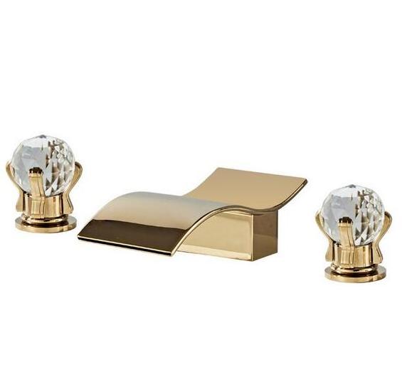 New Design 3 Holes Modern Brushed Gold Crystal Handles Basin Taps Waterfall Bathroom Sink Faucet for Bathroom