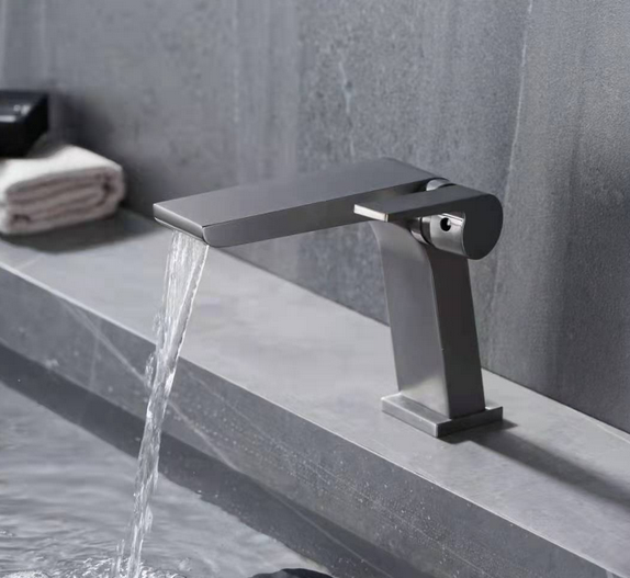 European Single Handle Gun Black Gray Square Waterfall Design Bathroom Faucet Tap Taps Brass Basin Faucet