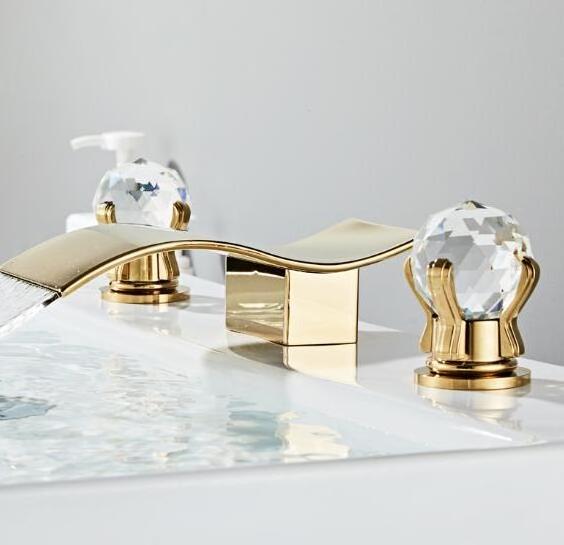 New Design 3 Holes Modern Brushed Gold Crystal Handles Basin Taps Waterfall Bathroom Sink Faucet for Bathroom