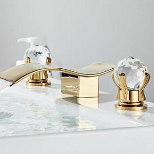 New Design 3 Holes Modern Brushed Gold Crystal Handles Basin Taps Waterfall Bathroom Sink Faucet for Bathroom