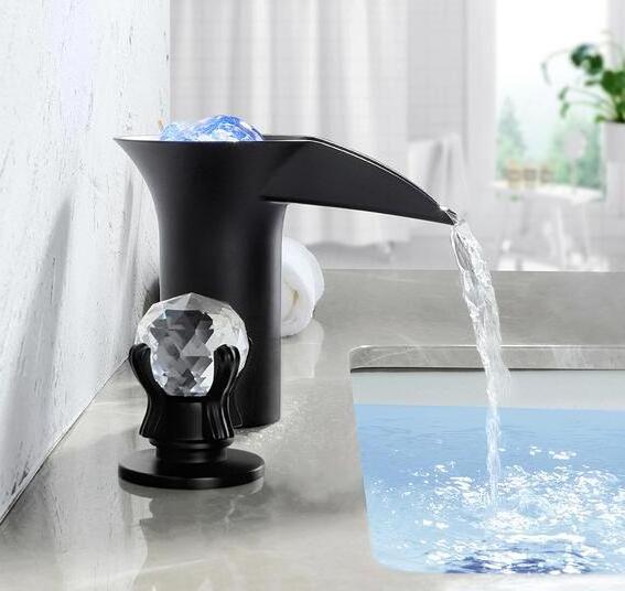 Matt Black  Bathroom Faucet Waterfall 3 Hole Deck Mount Widespread LED Vanity Sink Faucet 2 Handle with Crystal Knob