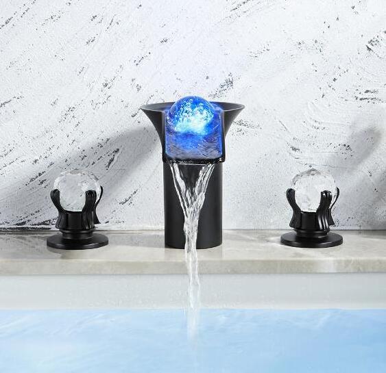 Matt Black  Bathroom Faucet Waterfall 3 Hole Deck Mount Widespread LED Vanity Sink Faucet 2 Handle with Crystal Knob