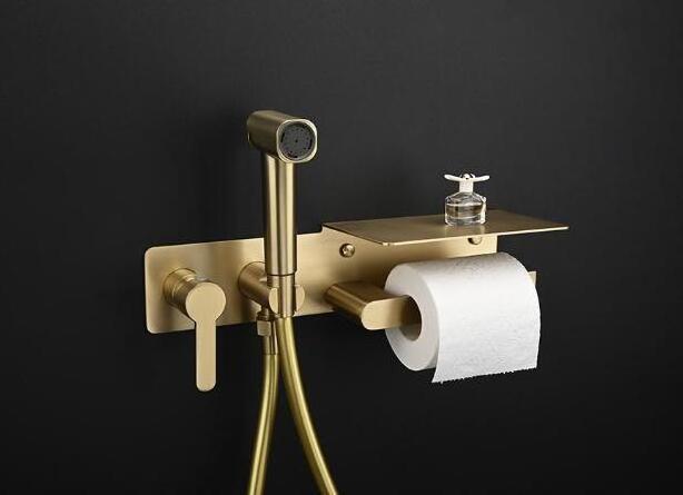 Bathroom Brushed Gold Hot and Cold Brass Self Cleaning Toilet Shattaf Bidet Spray Set Muslim Shower Handheld with Paper Holder