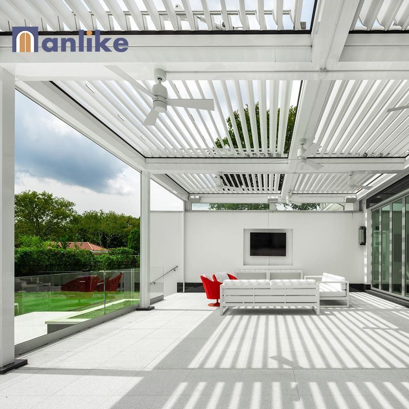 Anlike Veranda Aluminium Outdoor Electric Adjustable Louvered Wall Mounted Pergola With Curtains And Net