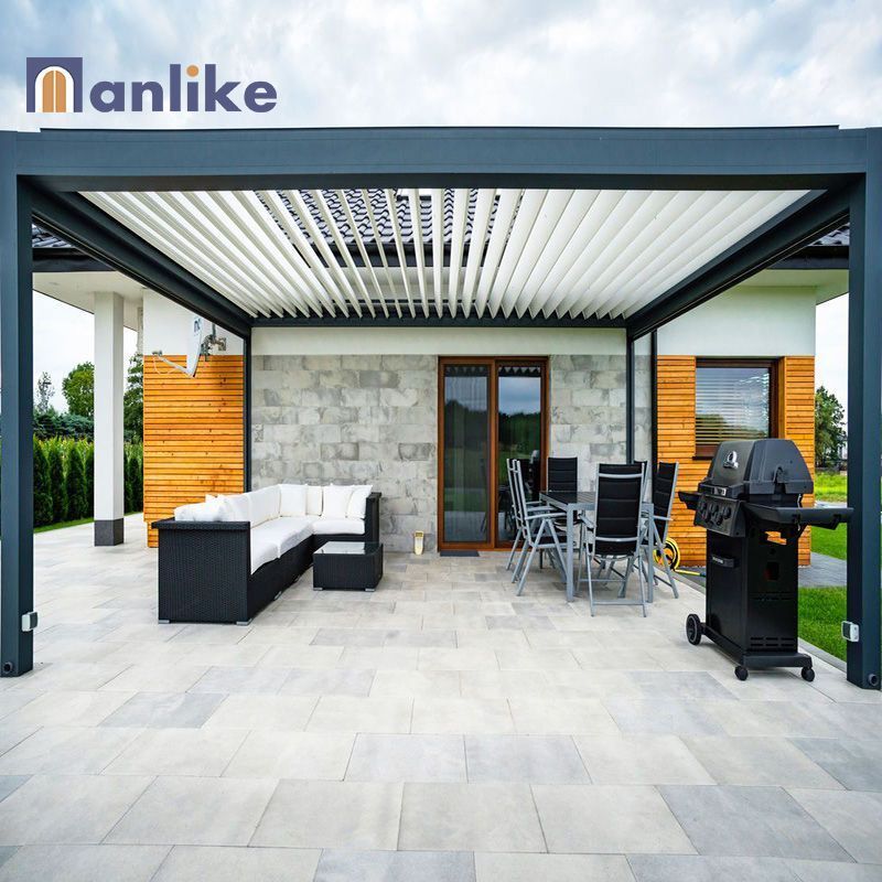 Anlike Veranda Aluminium Outdoor Electric Adjustable Louvered Wall Mounted Pergola With Curtains And Net