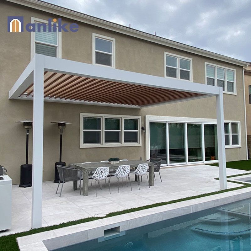 Anlike Veranda Aluminium Outdoor Electric Adjustable Louvered Wall Mounted Pergola With Curtains And Net