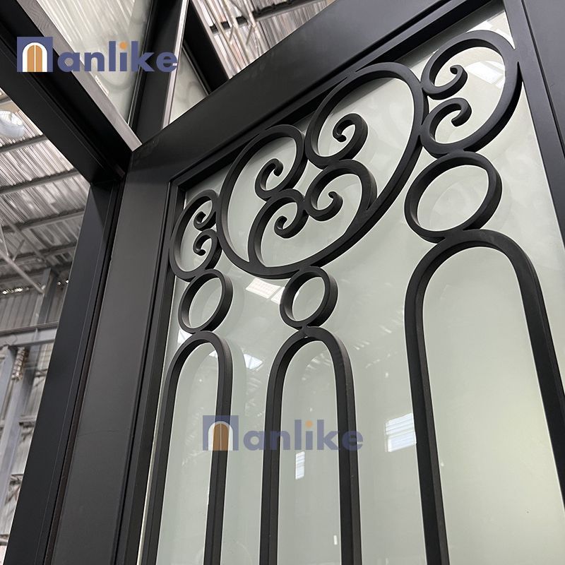 Anlike Contemporary Metal Ornamental Exterior Main Front Black Cast Wrought Iron Entry Door With Sidelight