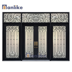 Anlike Contemporary Metal Ornamental Exterior Main Front Black Cast Wrought Iron Entry Door With Sidelight