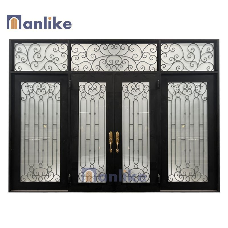 Anlike Contemporary Metal Ornamental Exterior Main Front Black Cast Wrought Iron Entry Door With Sidelight