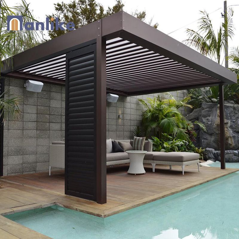 Anlike Veranda Aluminium Outdoor Adjustable Louvered Wall Mounted Electric Pergola With Curtains And Net