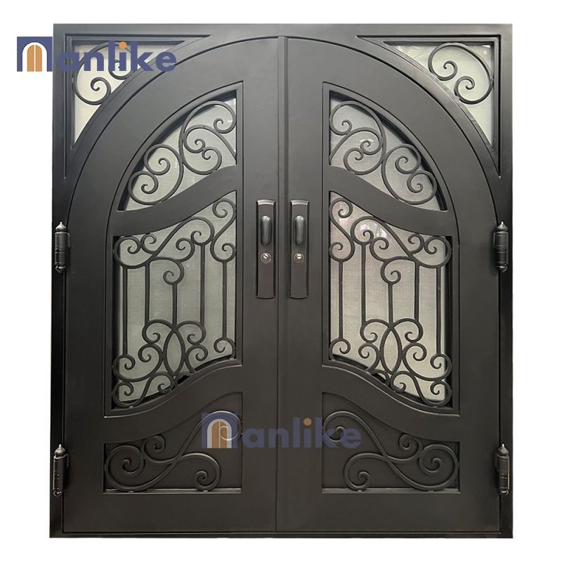 Anlike Luxury Exterior Arched Top Wrought Iron Door Arched French New Security Design Wrought Cast Iron Door For House