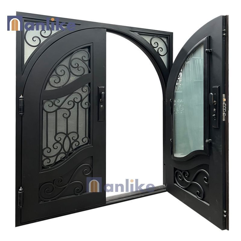 Anlike Luxury Exterior Arched Top Wrought Iron Door Arched French New Security Design Wrought Cast Iron Door For House