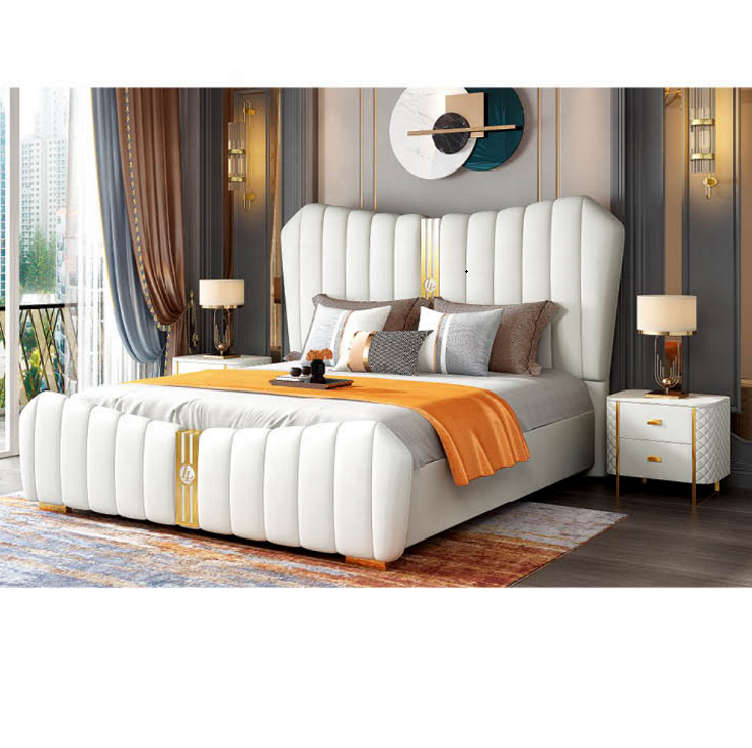 Modern Design Furniture White Leather Bed Luxury Leather Bedroom Master luxury bedroom Double Beds Set