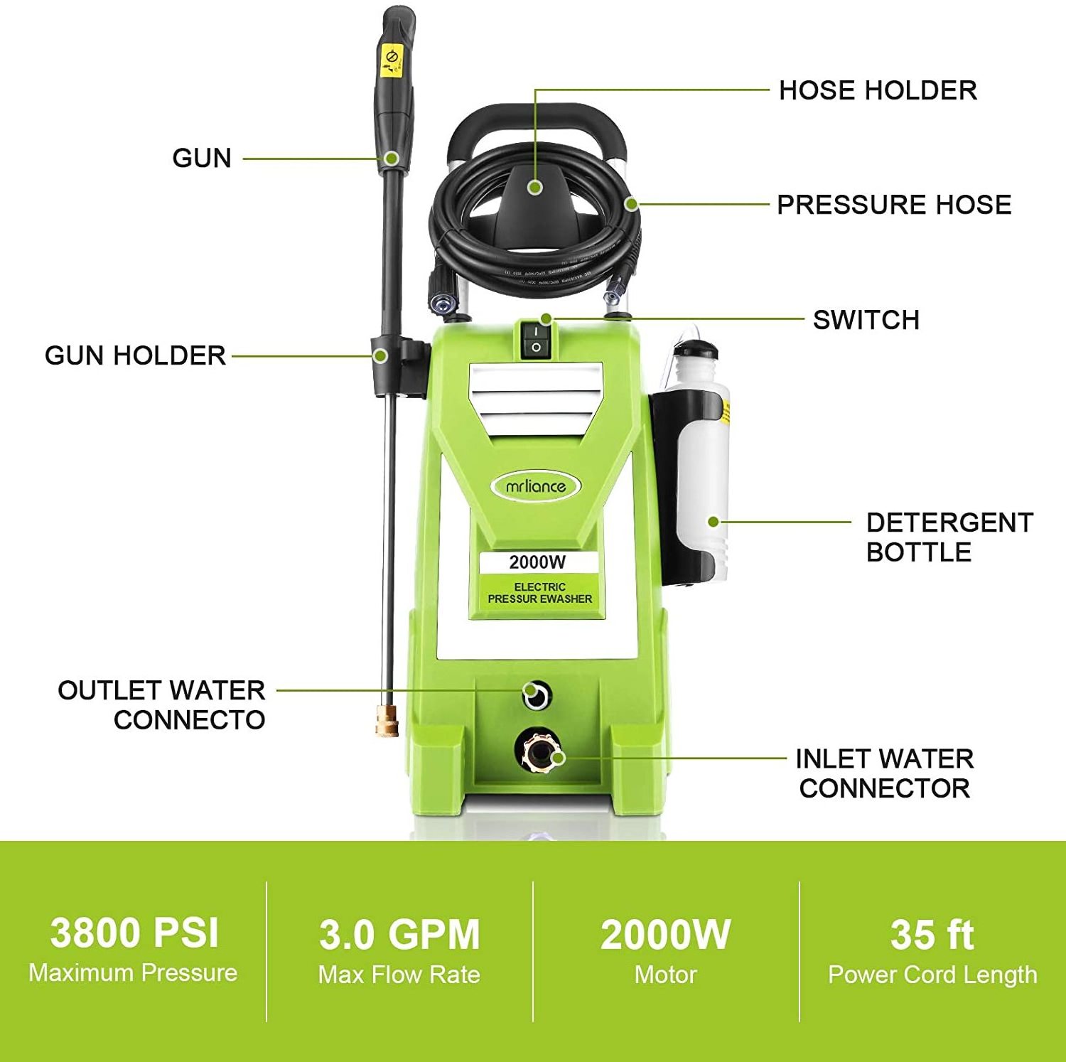 3800 PSI electric high pressure washer for cleaning cars houses driveways fences patios garden