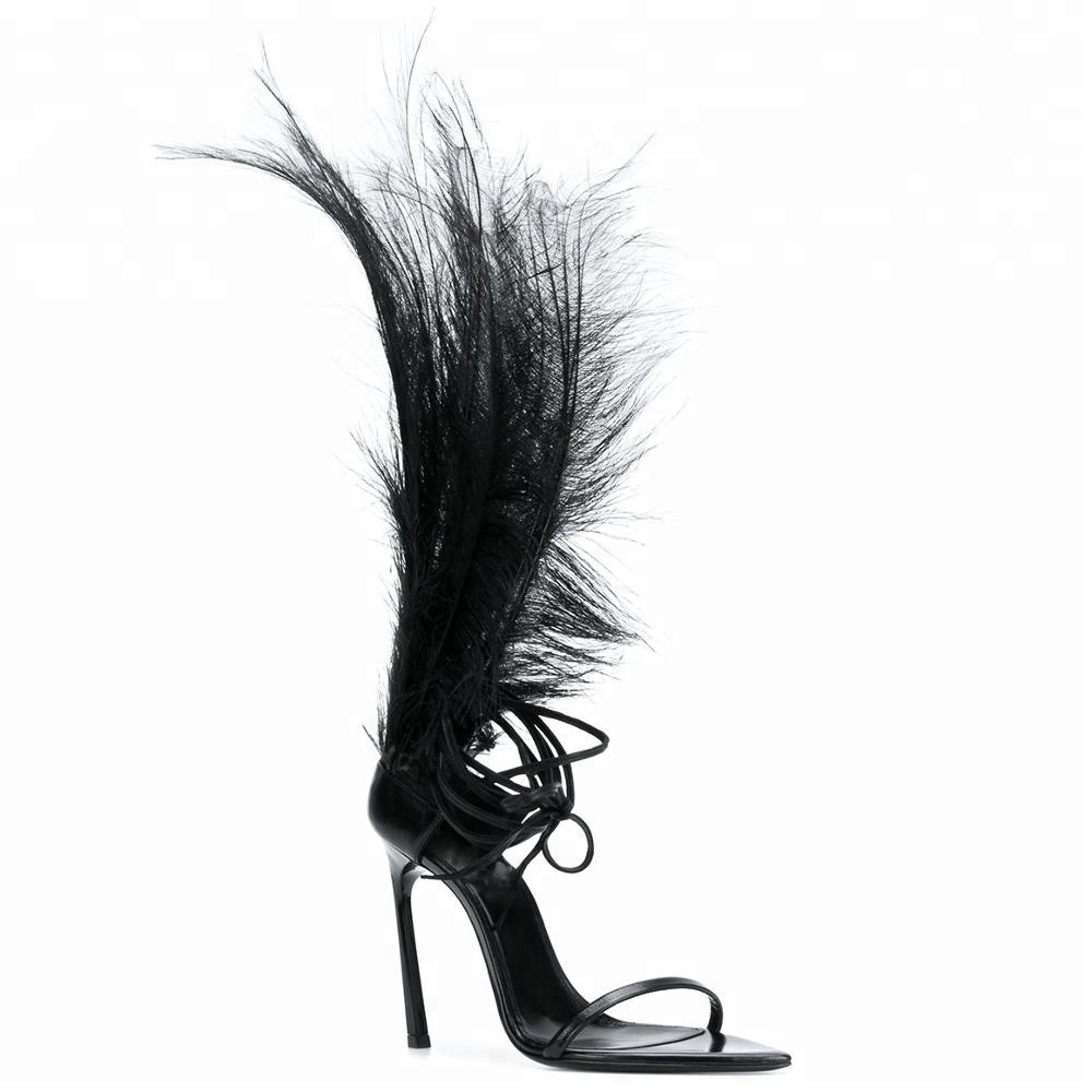 Feather Sandals Manufacturers Sandal Sexy Feather Fur Ankle Strap Women Ladies Shoes Stiletto High Sandal