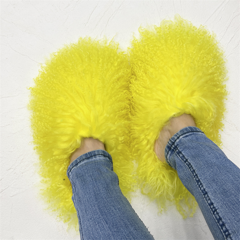 New Designer Long Hair Sheep Fur Slippers Mongolian Fuzzy Fur Slides