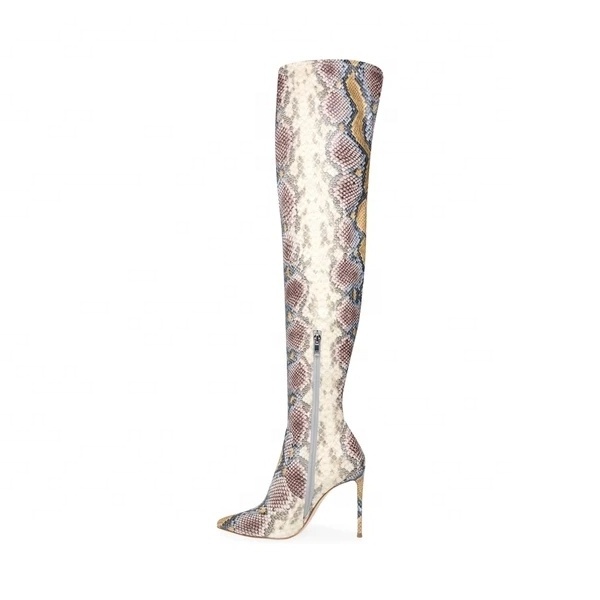 Chengdu Anmairon Stretch Fabric Pu Leather Boots Sexy Snake Print Pointy Over The Knee Thigh High Long Boots Women Winter Boots