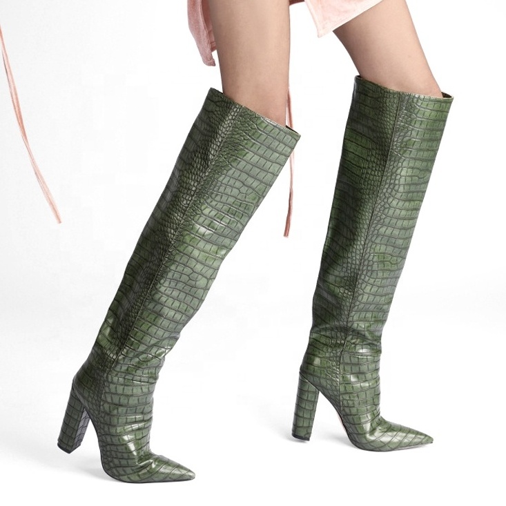 on sale sexy crocodile leather PU stiletto high heels women boots pointed toe over knee high thigh boots