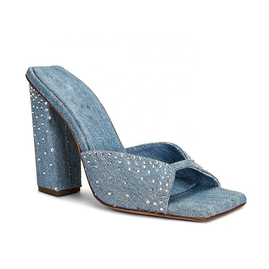 Custom Made Blue Jeans Style Women Sandal Shiny Diamonds Chunky Heel Slipper Sandal Shoe