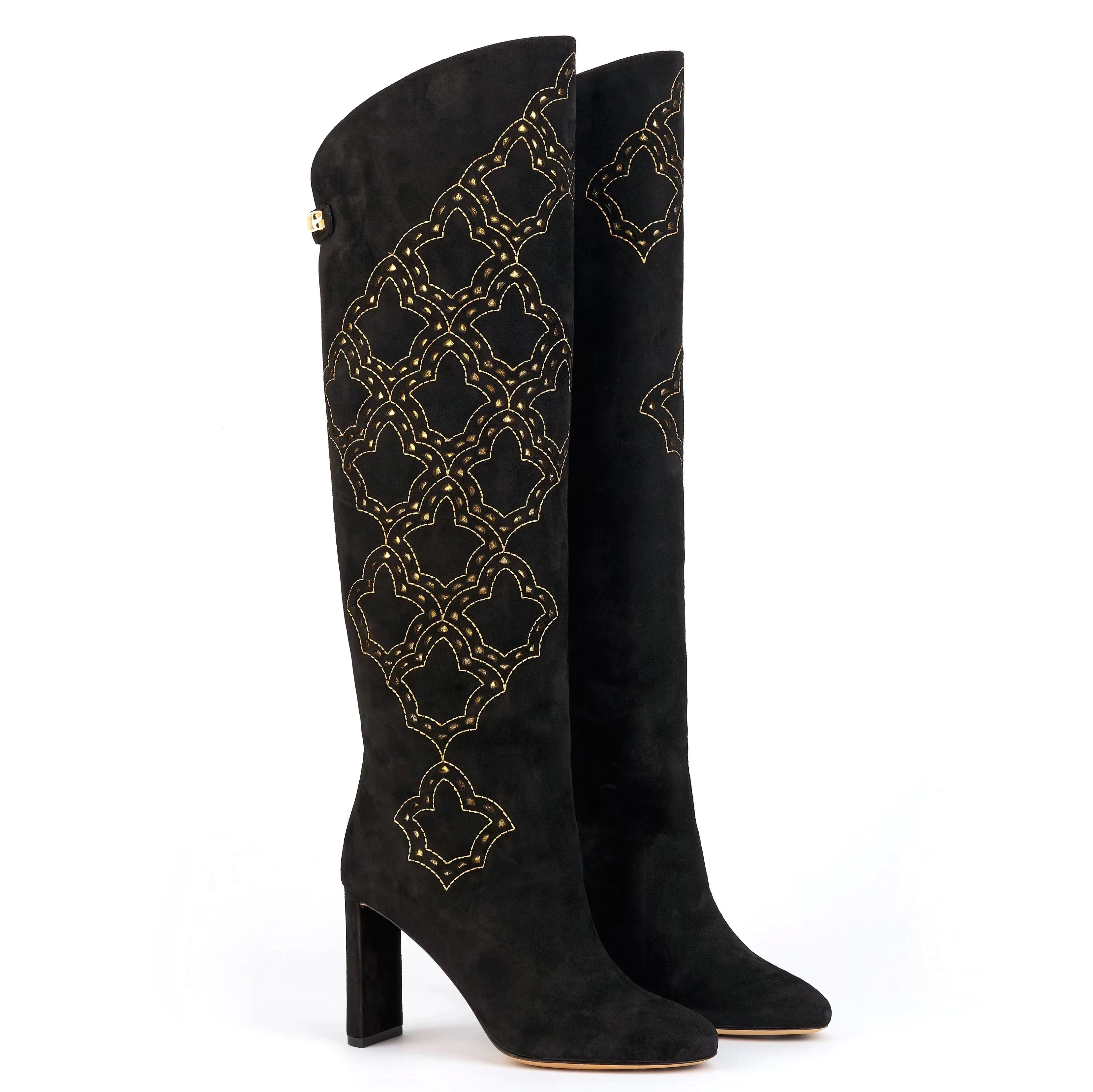 Anmairon Handmade Embroidery Black Suede Round Toe Square Heel Short Boots Women Knee High Boots