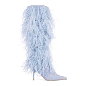 Designer Boots 2021 Pointed Toe Thin Heel Ostrich Feather Women Winter Boots