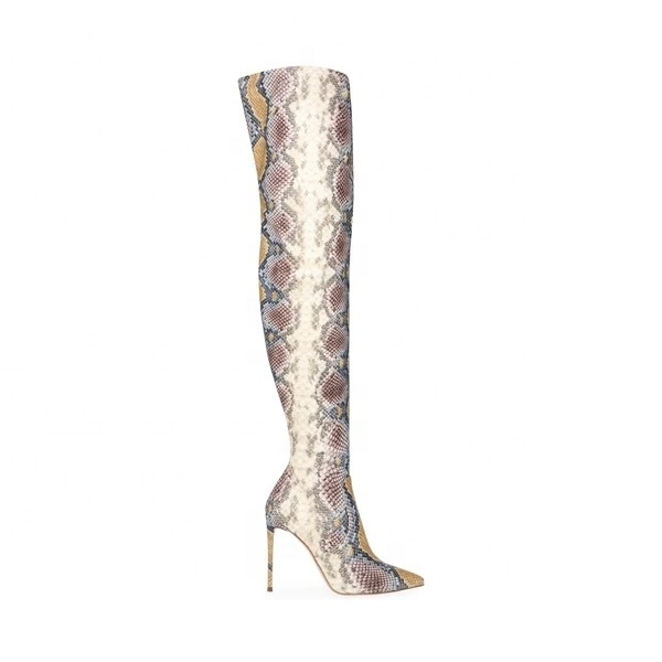 Chengdu Anmairon Stretch Fabric Pu Leather Boots Sexy Snake Print Pointy Over The Knee Thigh High Long Boots Women Winter Boots