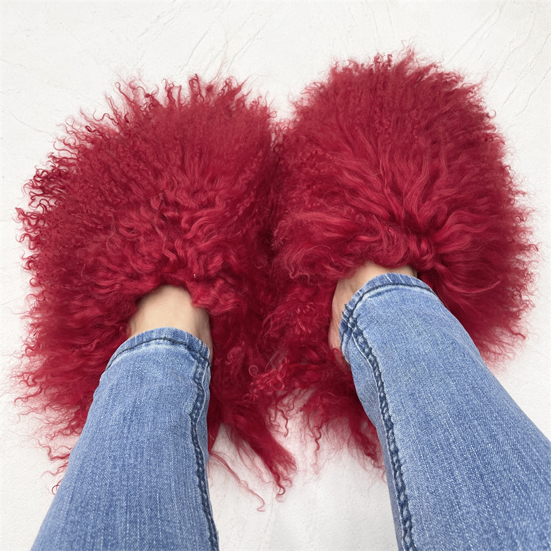 New Designer Long Hair Sheep Fur Slippers Mongolian Fuzzy Fur Slides