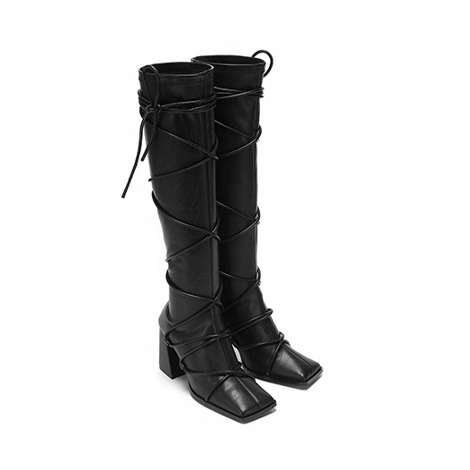 woman designer boots women winter boots special design square toe chunky heel square heel lace up slip on women knee high boots