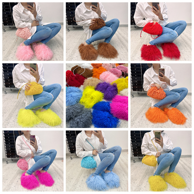 New Designer Long Hair Sheep Fur Slippers Mongolian Fuzzy Fur Slides