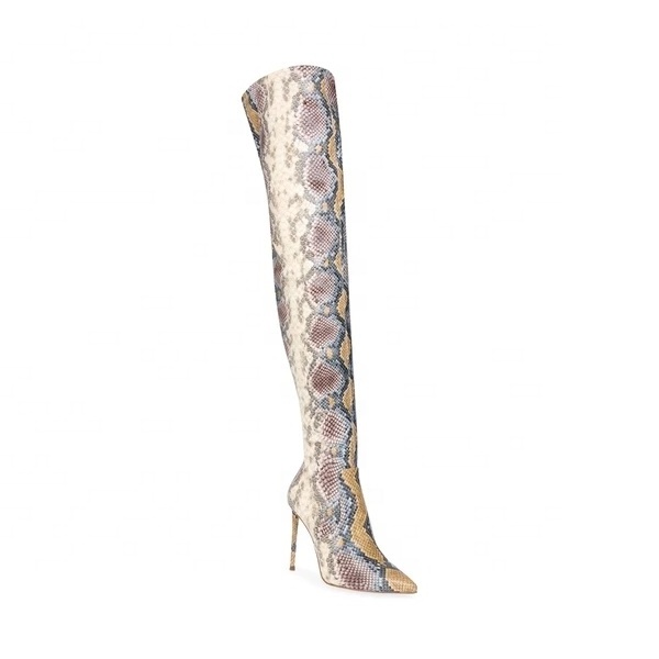 Chengdu Anmairon Stretch Fabric Pu Leather Boots Sexy Snake Print Pointy Over The Knee Thigh High Long Boots Women Winter Boots