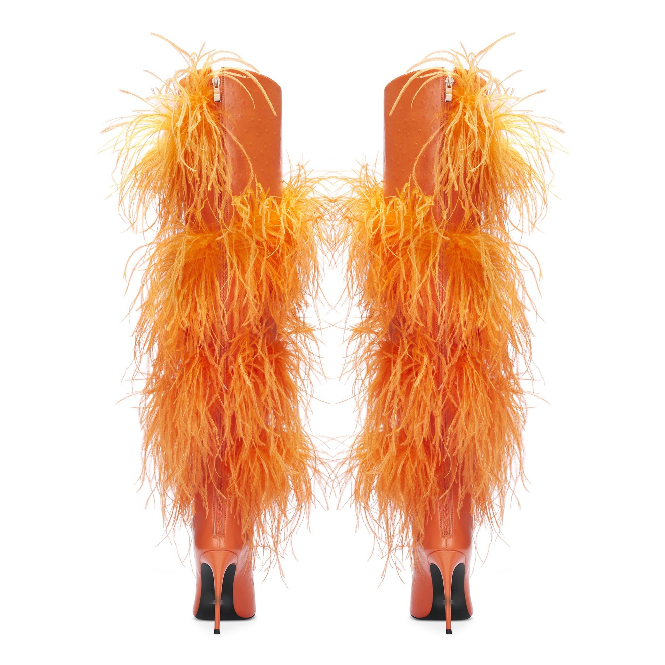 Anmairon Super Luxury Real Ostrich Feather Bright Color Orange Leather Women Thigh High Boots